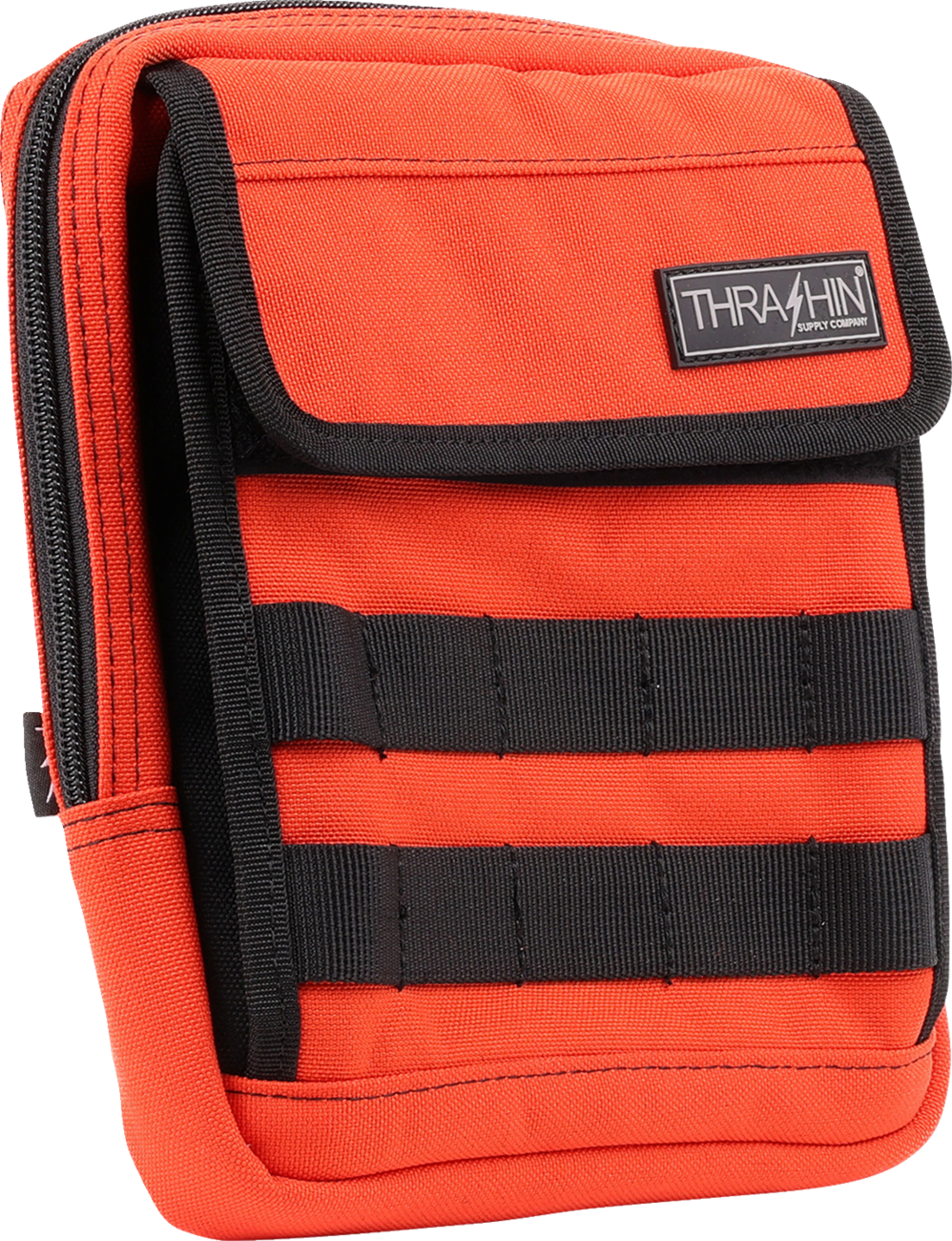 Orange THRASHIN SUPPLY CO. Handlebar Bag Slim (THB-0035) attached to a bicycle handlebar, showcasing its compact design and vibrant color.