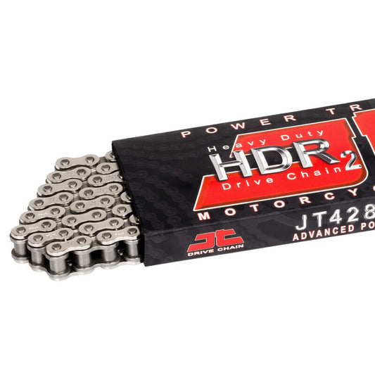 Heavy-duty JT Chain HDR 428 130L motorcycle chain designed for off-road riding, with durable metal links and robust construction.