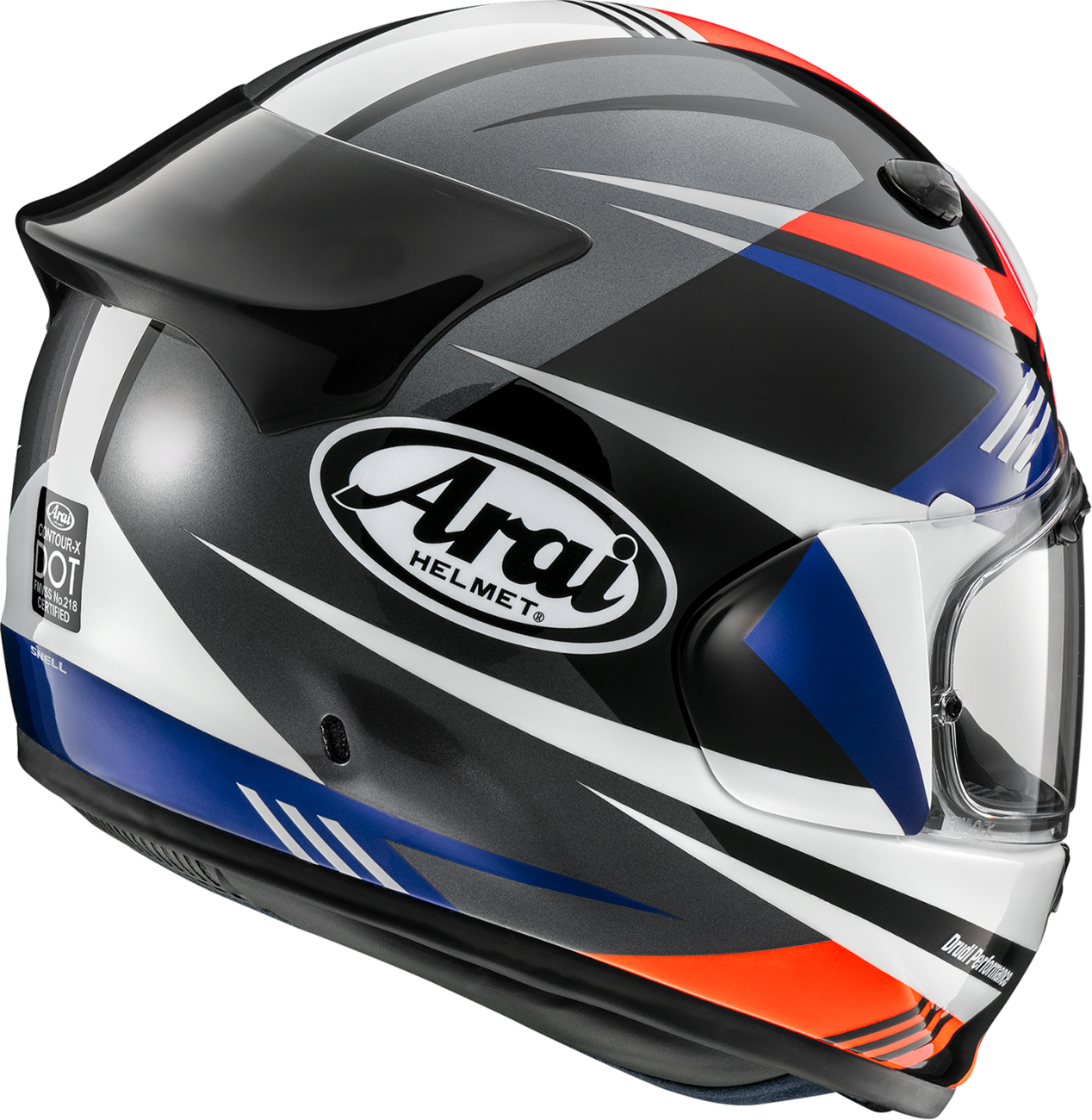Red Arai Contour-X motorcycle helmet with Mark design in 2XL size, featuring sleek aerodynamic shape and vent details.