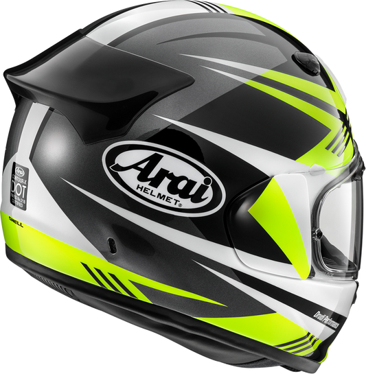 Arai Helmet Contour-X helmet in medium size, yellow color, featuring integrated ventilation and aerodynamic spoiler.