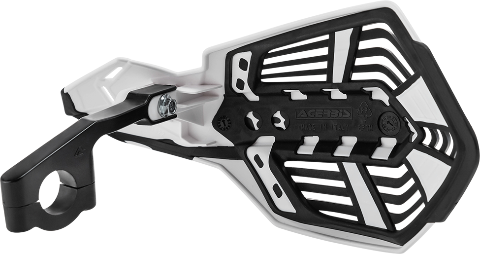 Acerbis X-Future white and black motorcycle handguards mounted on handlebars, designed for rider protection and style.