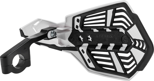 Acerbis X-Future white and black motorcycle handguards mounted on handlebars, designed for rider protection and style.