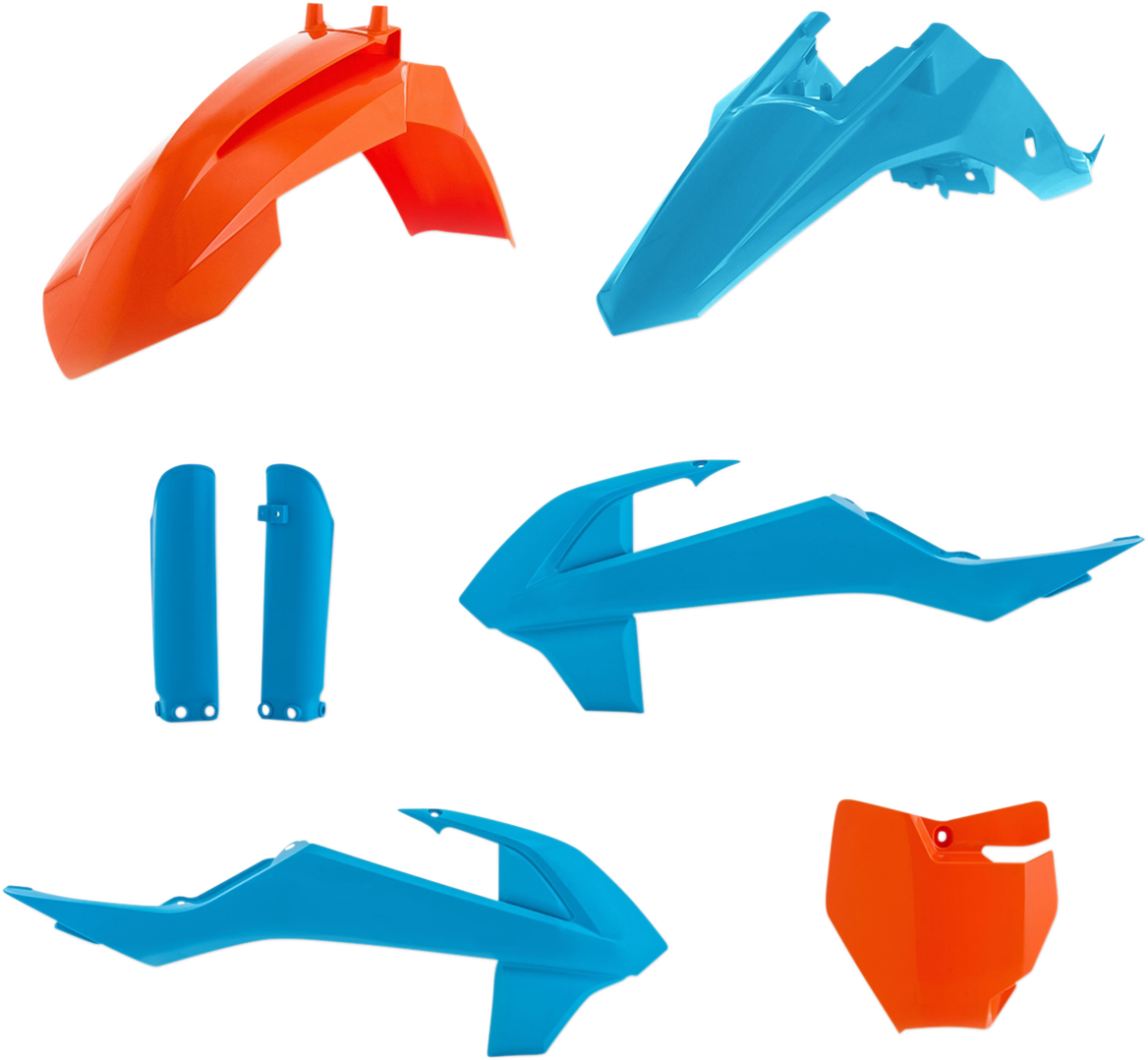 Acerbis full replacement motorcycle body kit in orange and light blue, with detailed panels and aerodynamic design.