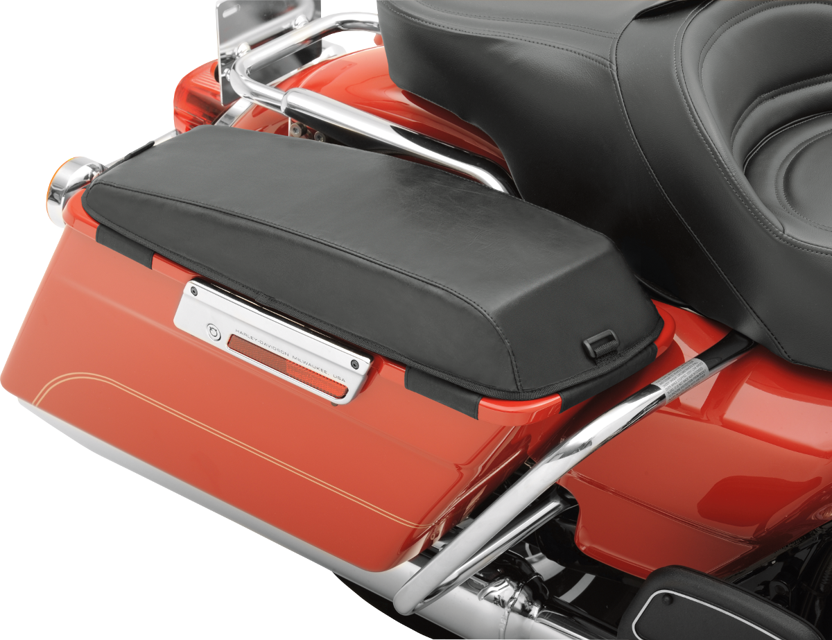 Bill's Exhausts Saddlemens saddlebag lid cover for seats, showing the black cover with textured surface and durable material.