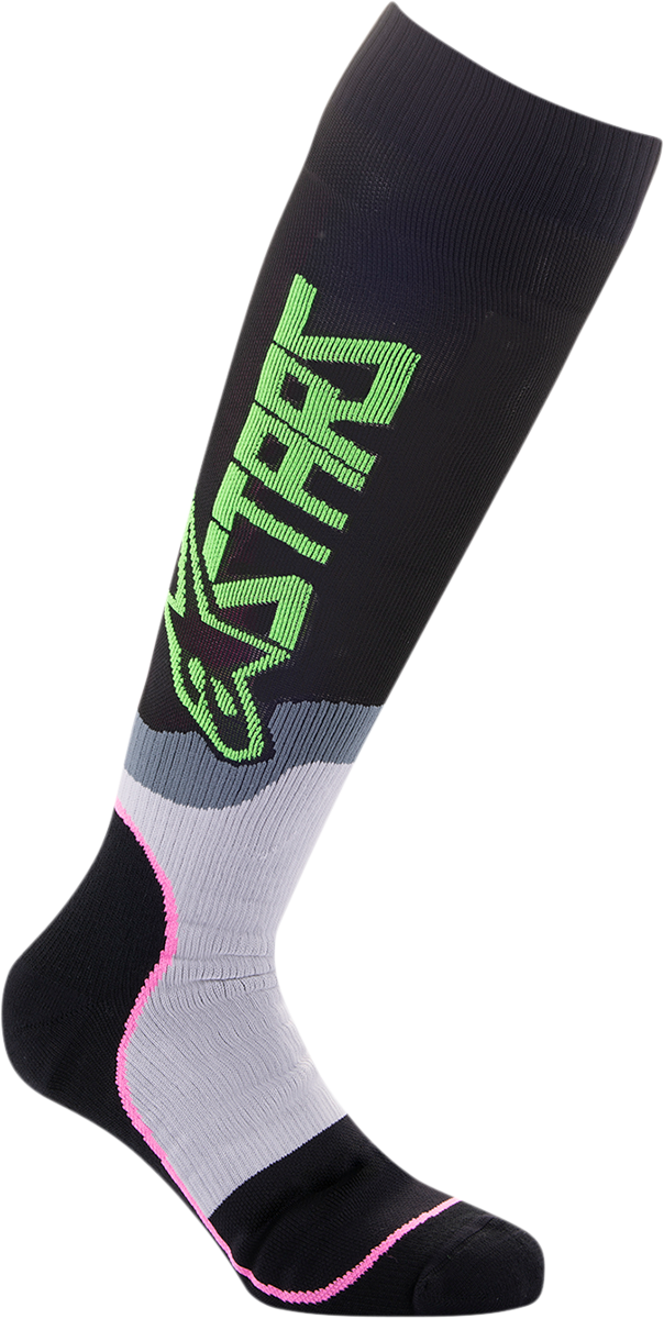 Alpinestars Youth MX Plus-2 protective socks in black, green neon, and pink fluo with reinforced areas for motocross riding.