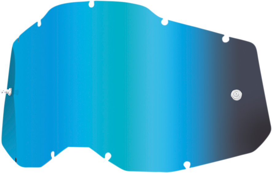 Blue mirror lens for 100% Accuri 2, Racecraft 2, and Strata 2 helmets by Bill's Exhausts, showing the reflective blue-tinted surface.