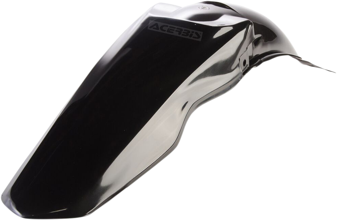 A black Acerbis rear fender for motorcycles, designed for durability and style, shown in a close-up view.
