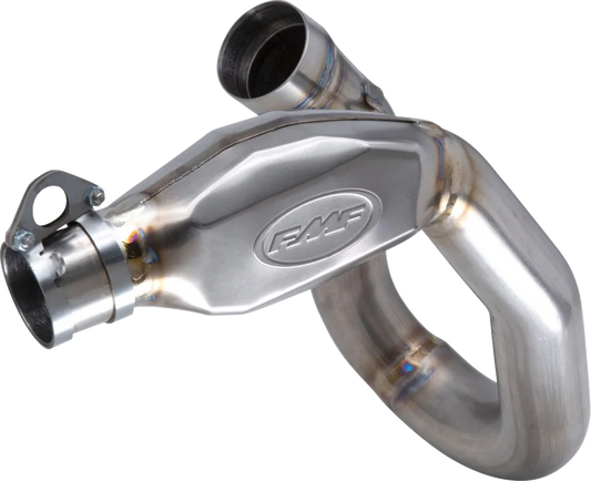 FMF MegaBomb titanium header for TF 250-X motorcycle, showcasing the durable, lightweight exhaust header with polished finish.