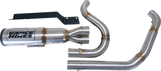 VANCE & HINES 2-into-1 High Output PCX™ Exhaust System in brushed finish for touring motorcycles, front view.