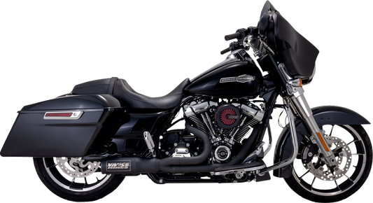 VANCE & HINES 47321-22 2-Into-1 High Output PCX™ Exhaust System in black for touring bikes, featuring sleek metal construction.