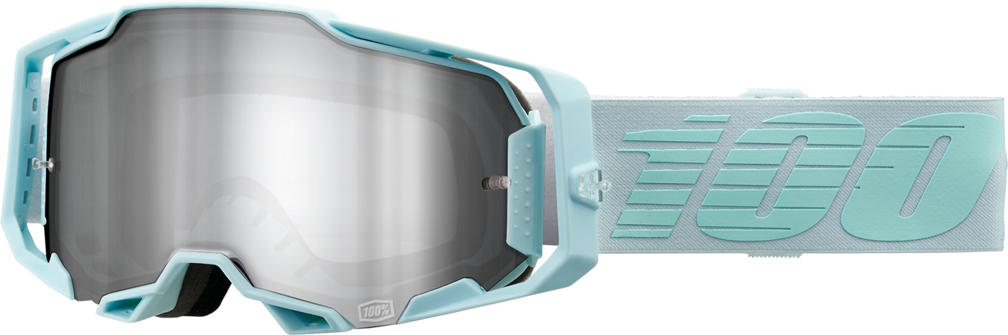 Bill's Exhausts 100% Armega Fargo goggles with silver flash mirror lenses, featuring a sleek design and reflective finish.