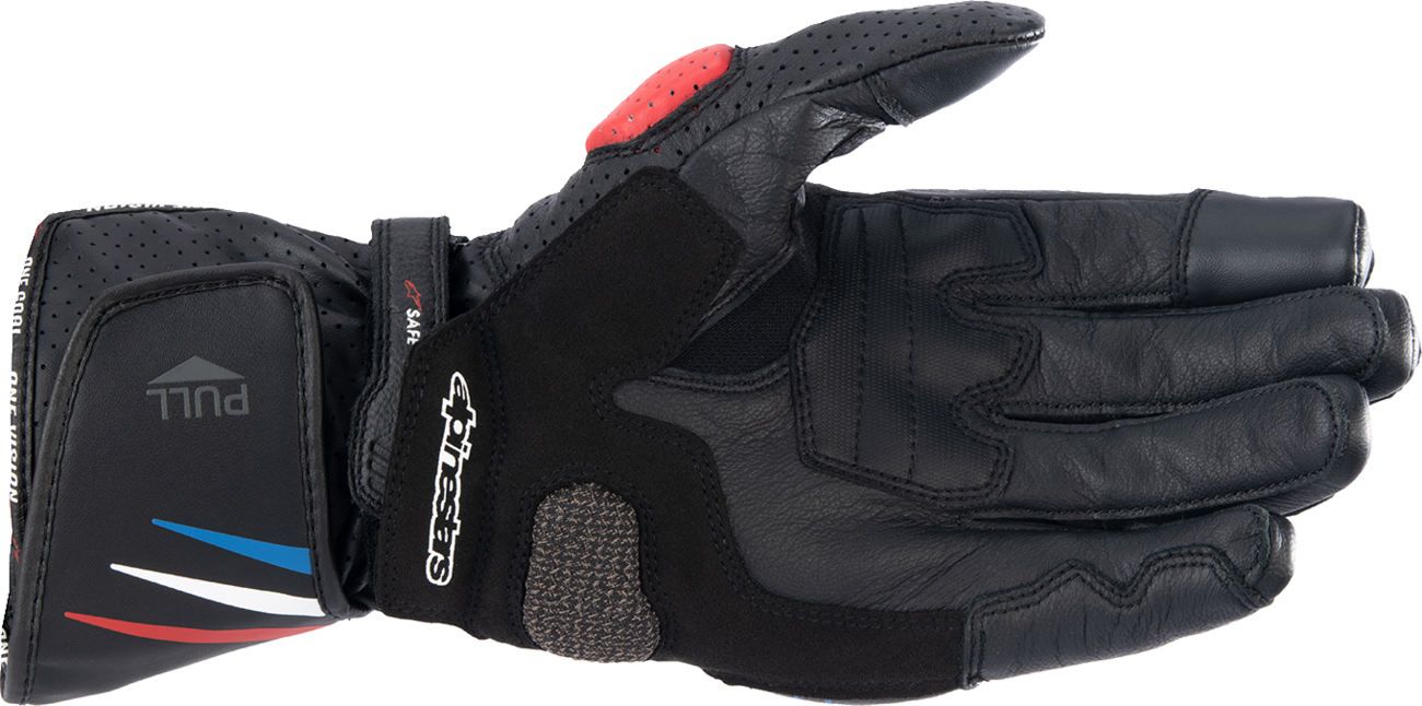 Alpinestars Honda SP-8 V3 motorcycle gloves in black, bright red, and blue, size 3XL, with protective armored features.