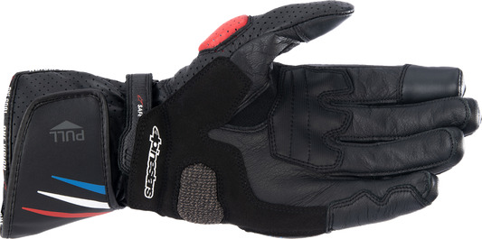 Alpinestars Honda SP-8 V3 motorcycle gloves in black, bright red, and blue, size medium with protective knuckles and padded palms.