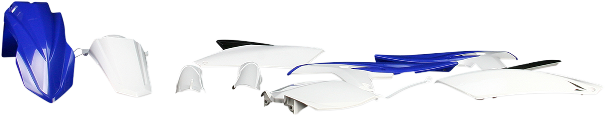 Acerbis full replacement body kit in blue, white, and black for OEM '13 motorcycle, featuring streamlined body panels and sleek design.