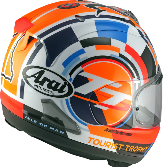 Arai Corsair-X motorcycle helmet in small size with Isle of Man TT 2025 design, featuring a sleek aerodynamic shape and bold graphics.