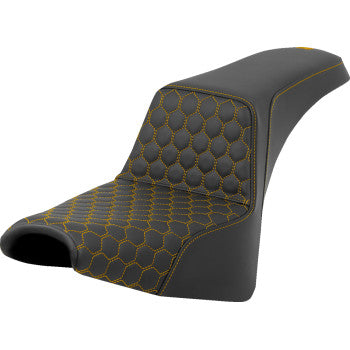 SADDLEMEN Step-Up Seat for FXBB/FXST 2018-2024, honeycomb design with gold stitching, shown on motorcycle.