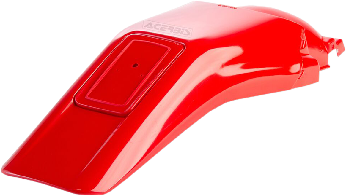 Red ACERBIS rear fender mounted on a motorcycle body, showcasing its sleek design and vibrant color for off-road or dirt bike use.