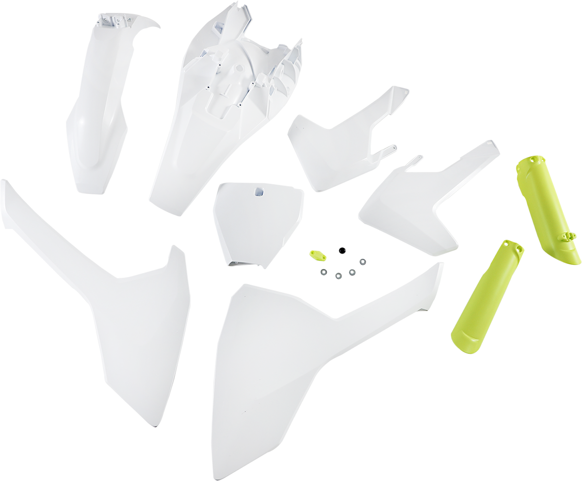 Acerbis full replacement body kit in OEM white and yellow, designed for motorcycle body customization and protection.