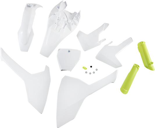 Acerbis full replacement body kit in OEM white and yellow, designed for motorcycle body customization and protection.