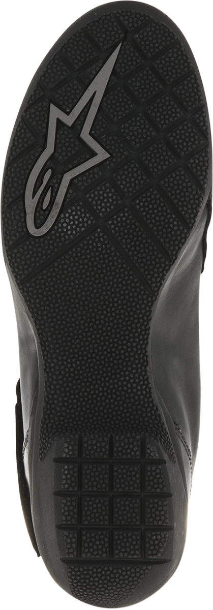 Black Alpinstars Stella Valencia waterproof motorcycle boots with ankle support and rugged soles, US 6 / EU 37, in a close-up view.