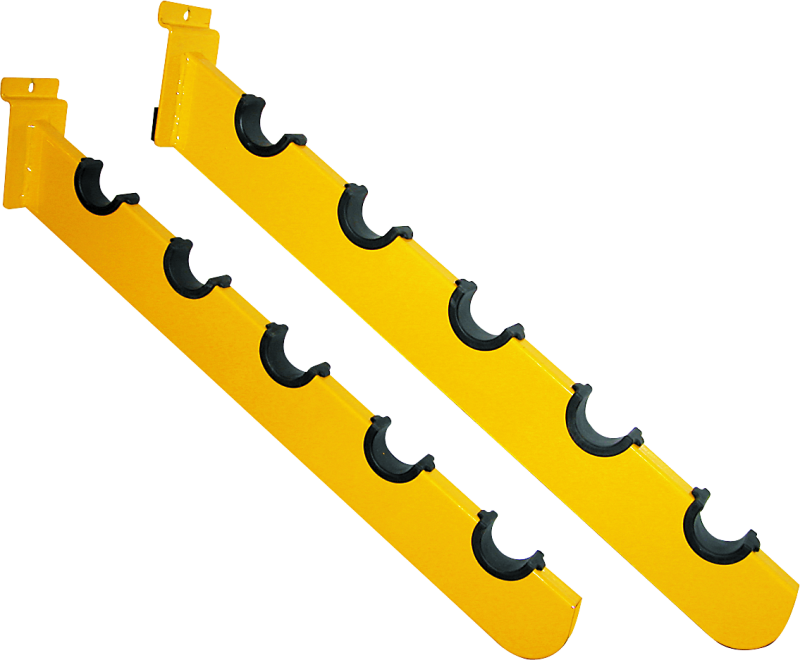 Pair of Bill's Exhausts ProTaper Slat Wall Waterfall motorcycle exhaust hangers on a slat wall display.