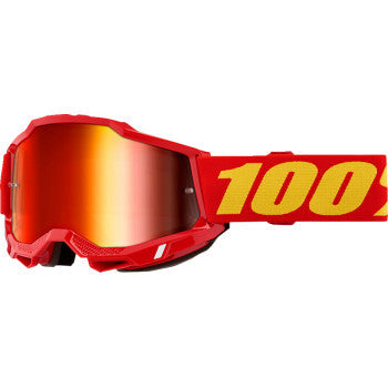 Bill's Exhausts 100% Accuri 2 goggles with red frame and red mirror lenses, designed for sports and outdoor activities.