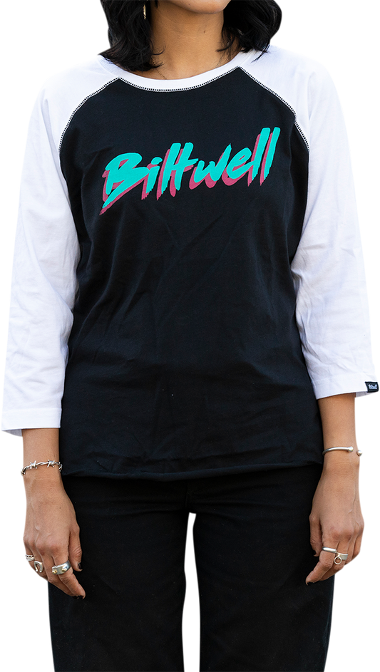 Black and white BILTWELL Women's 1985 Raglan T-Shirt, size large, featuring a classic baseball-style design and the Bill's Exhausts logo.