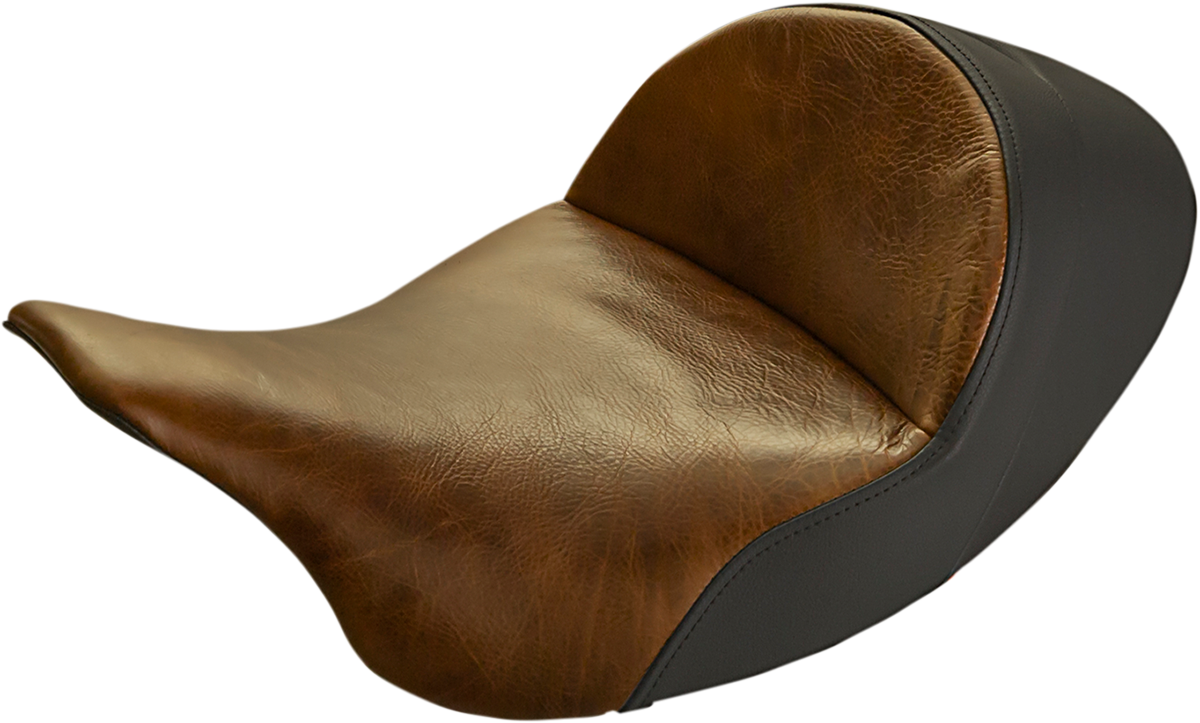 Bill's Exhausts Saddlemens Lariat Solo Low Seat in distressed brown for FL models 2008-2023, showing its sleek, low-profile design.