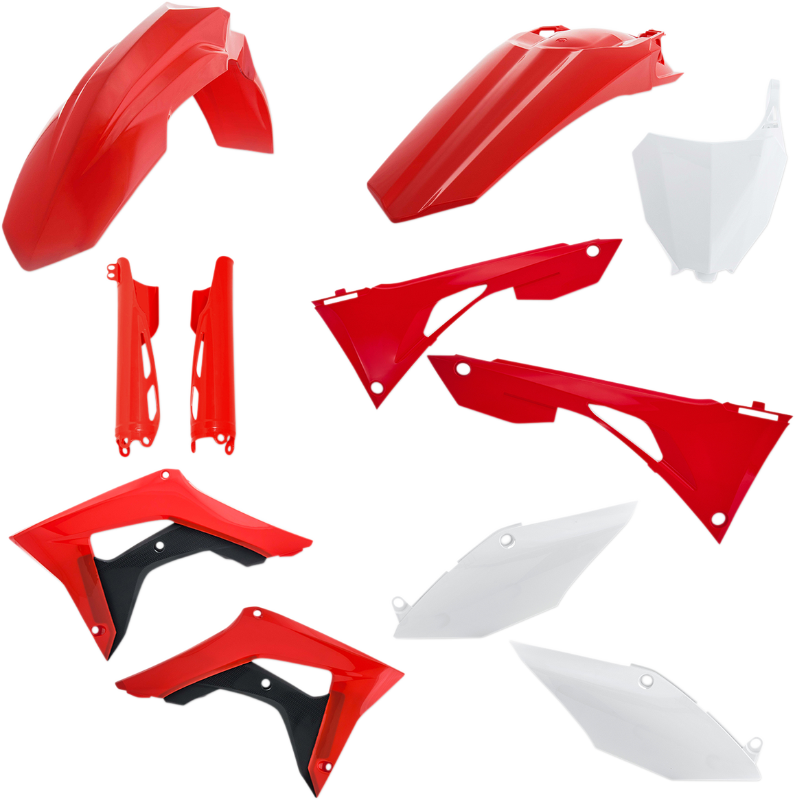 Aerosbis full OEM replacement body kit in red, white, and black for vehicles, displayed on a clean background with various body panels.