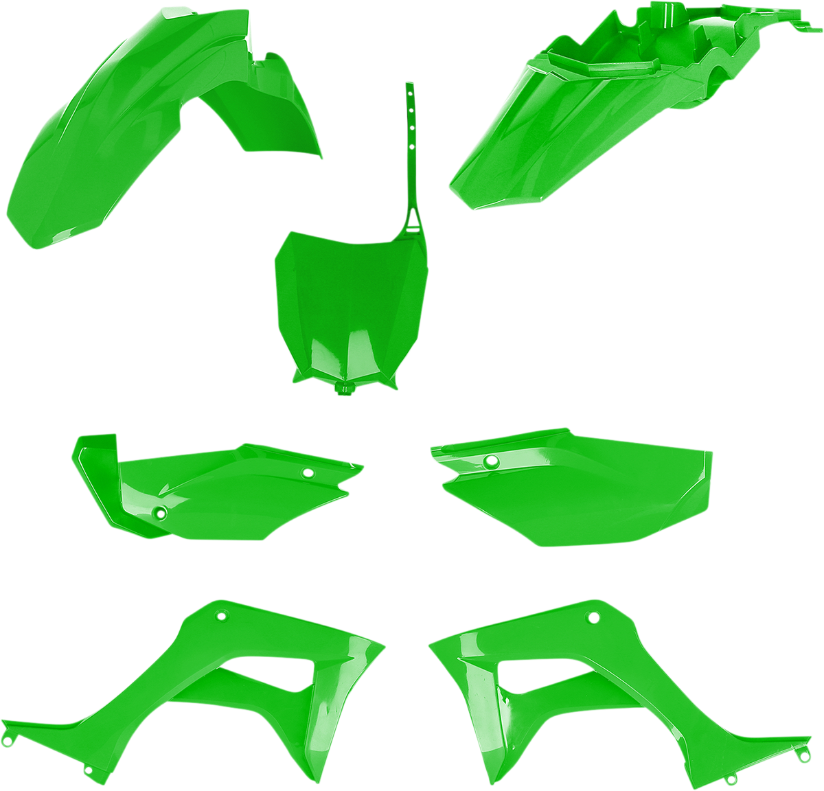 A green Acerbis full replacement body kit for motorcycles, featuring streamlined body panels on a plain background.