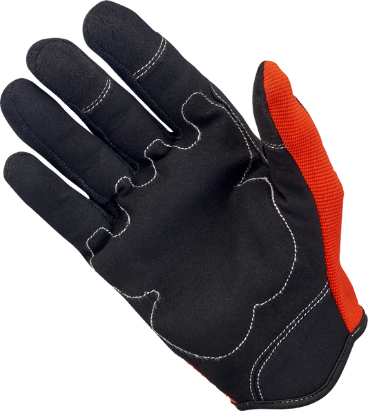 Bill's Exhausts BILTwell Moto Gloves in orange and black, large size, showing textured leather and protective knuckle guards.