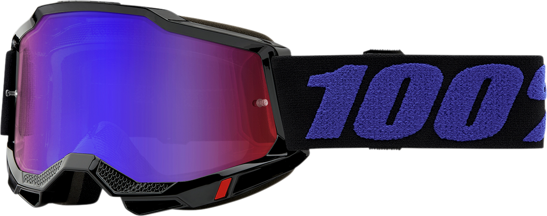 Bill's Exhausts 100% Accuri 2 goggles with red/blue mirror lenses, designed for motocross and off-road riding.