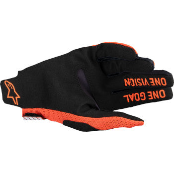 Alpinestars Radar Pro MX gloves in hot orange, XL size, showing durable leather and protective padding for motocross riding.
