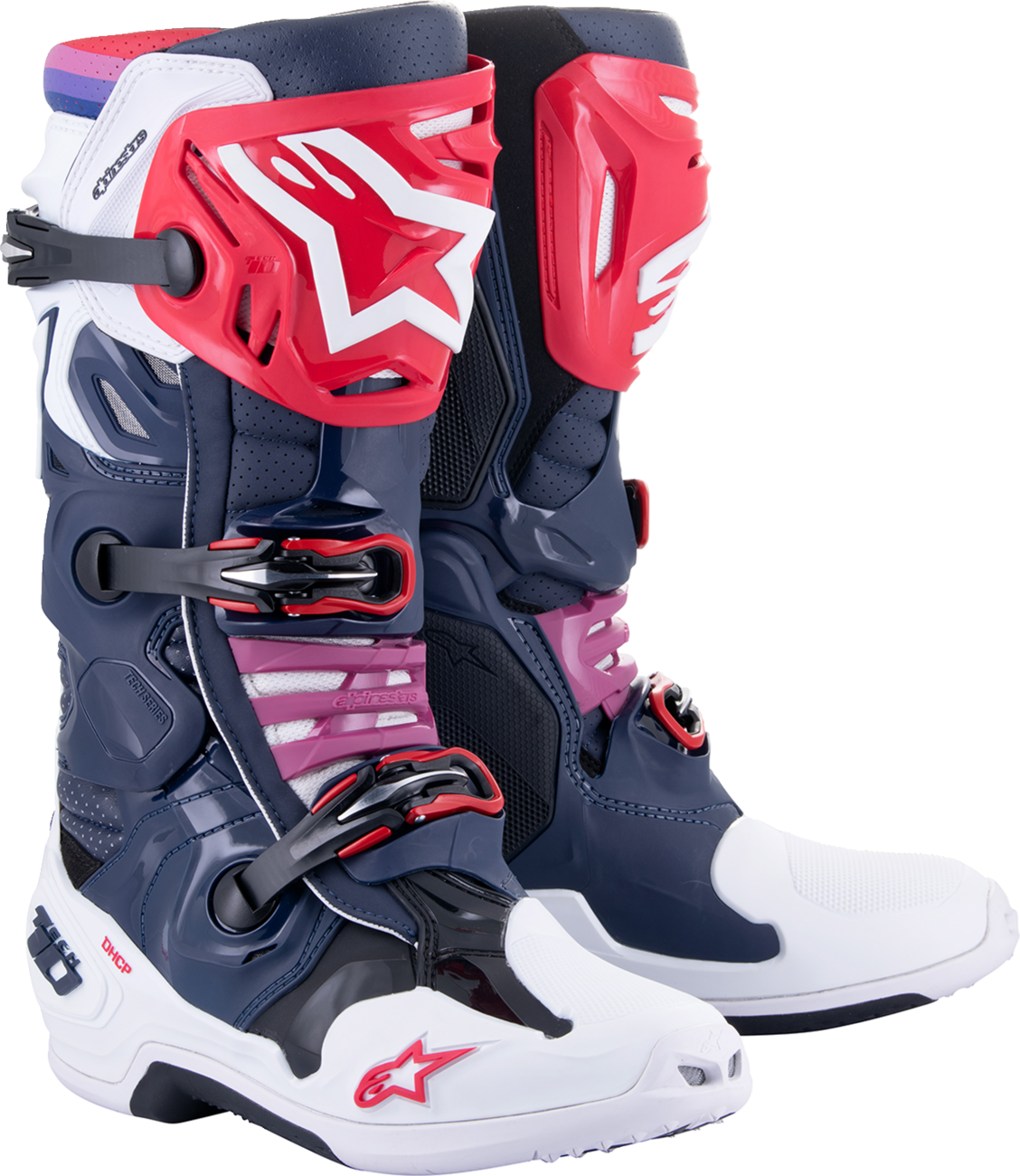 Alpinestars Tech 10 Supervented Boots in rainbow colors, US size 14, featuring protective design and ventilation for motocross riding.