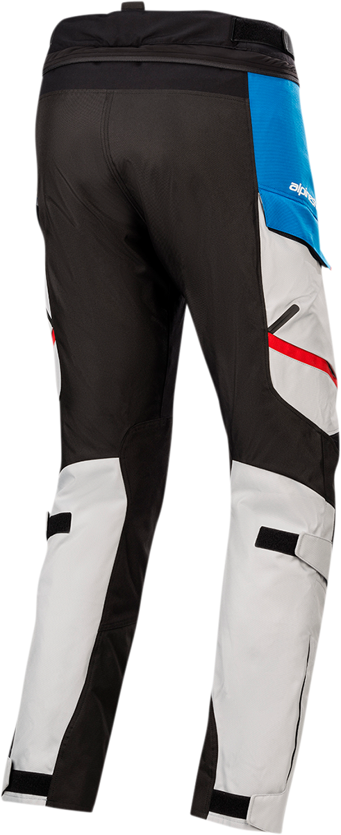 Alpinestars Honda Andes v3 Drystar® motorcycle pants in gray, blue, and red with protective padding, small size, front view.