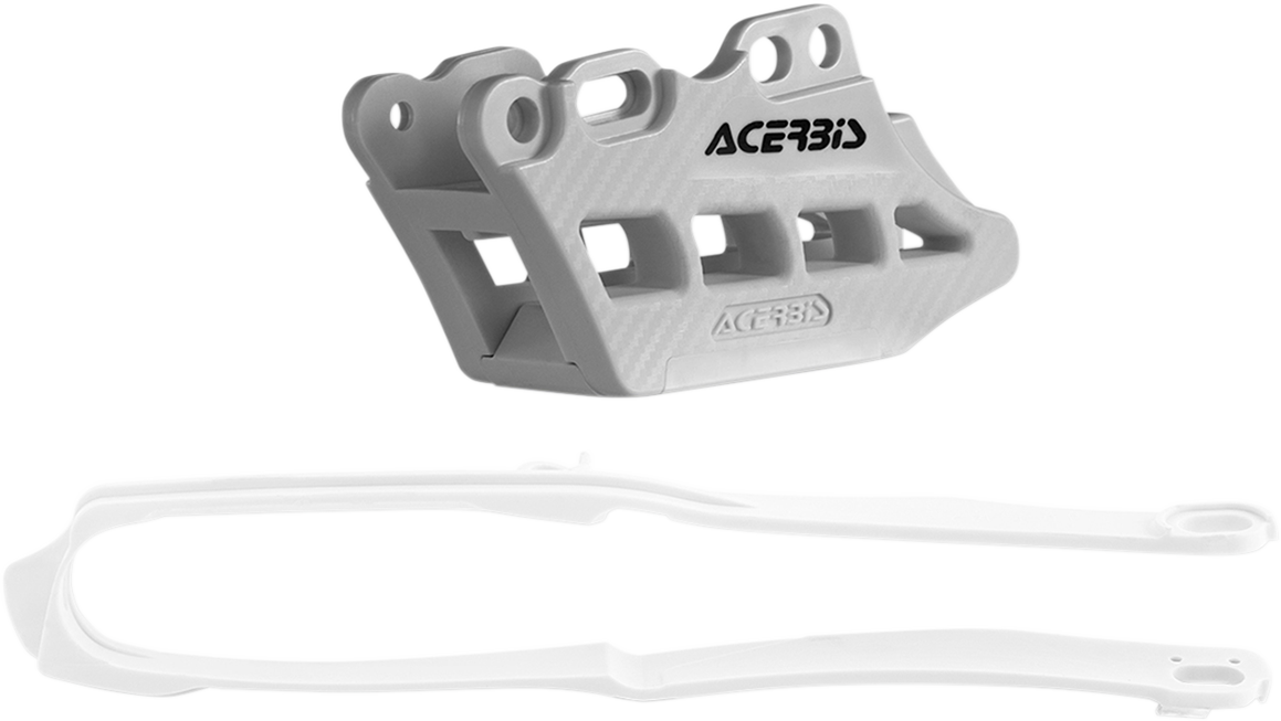 A white Acerbis chain guide and slider kit installed on a Honda CRF250R/CRF450R motorcycle, showing the body components in detail.