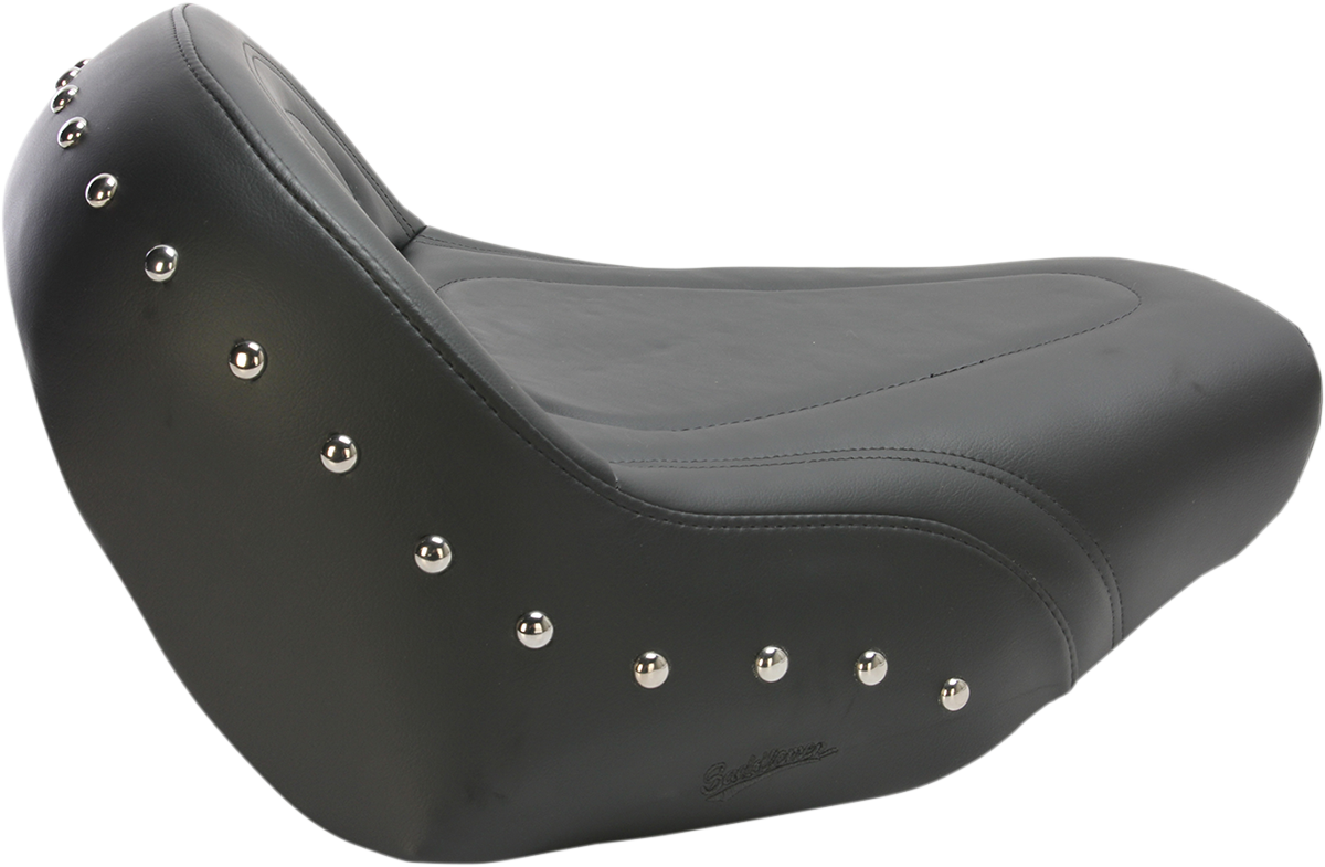 Studded Saddlemens Solo Seat for VN1500 motorcycle, black leather with detailed stud accents, designed for comfort and style.