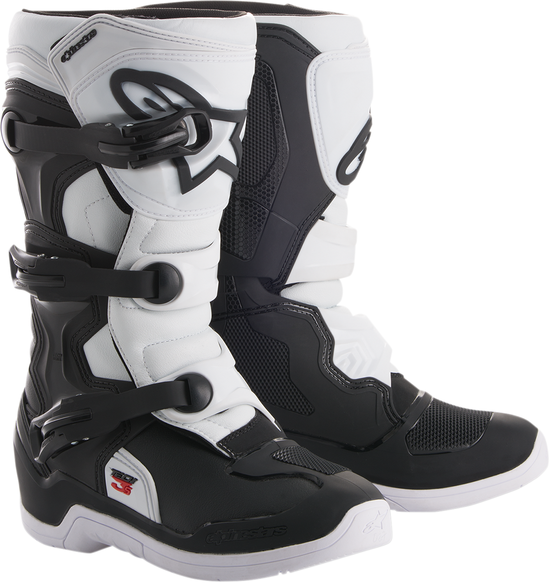 Alpinestars Tech 3S motorcycle boots in black and white, US size 5, with protective design and sturdy sole.