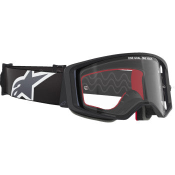 Bill's Exhausts Supertech Goggle by Alpinstars in black and gray with clear lens, designed for motocross or racing.