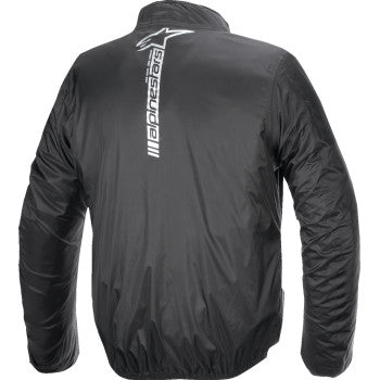 Black Alpinestars Hurricane Rain v2 jacket in small size, shown with waterproof fabric and adjustable hood.