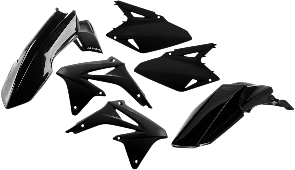 A black Acerbis standard replacement body kit for motorcycles, shown assembled with panels and components.