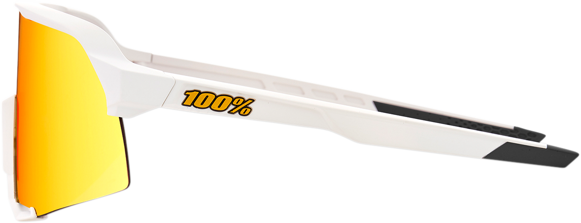 Bill's Exhausts 100% S3 sunglasses in white with red mirror lenses, stylish and reflective, showcasing sleek design.