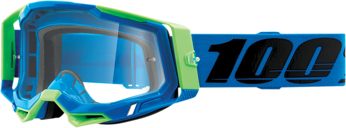 Clear 100% Racecraft 2 goggles by Bill's Exhausts with adjustable strap and ventilated frame for racing and outdoor activities.