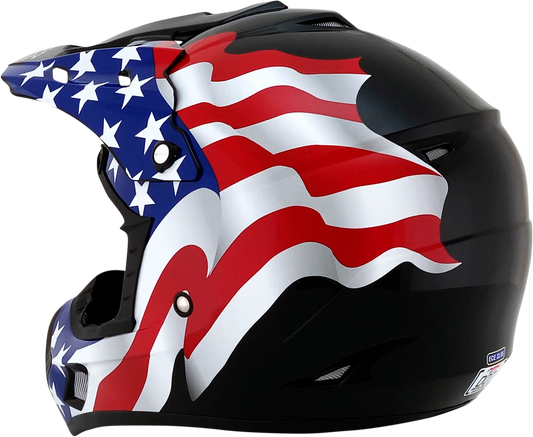 Black AFX FX-17 motorcycle helmet with flag design in 3XL size, featuring a sleek helmet profile and detailed graphics.