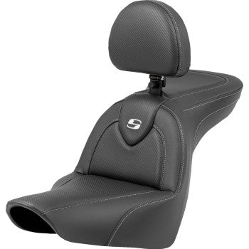 Bill's Exhausts SADDLEMEN Roadsofa™ Carbon Fiber motorcycle seat with backrest for FXLR/FLSB 2018-2023, featuring sleek carbon fiber design.