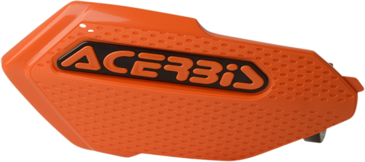 A pair of ACERBIS Orange and Black X-Elite motorcycle handguards mounted on handlebars, with a body view showing their design.