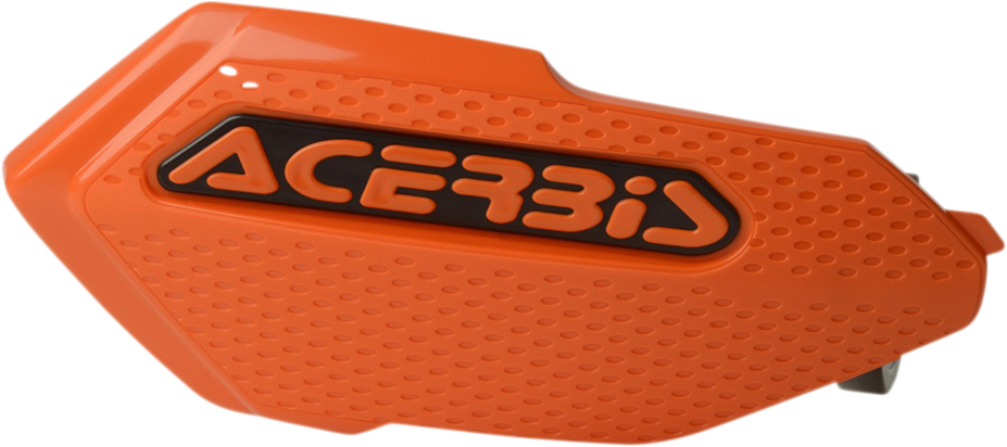A pair of ACERBIS Orange and Black X-Elite motorcycle handguards mounted on handlebars, with a body view showing their design.