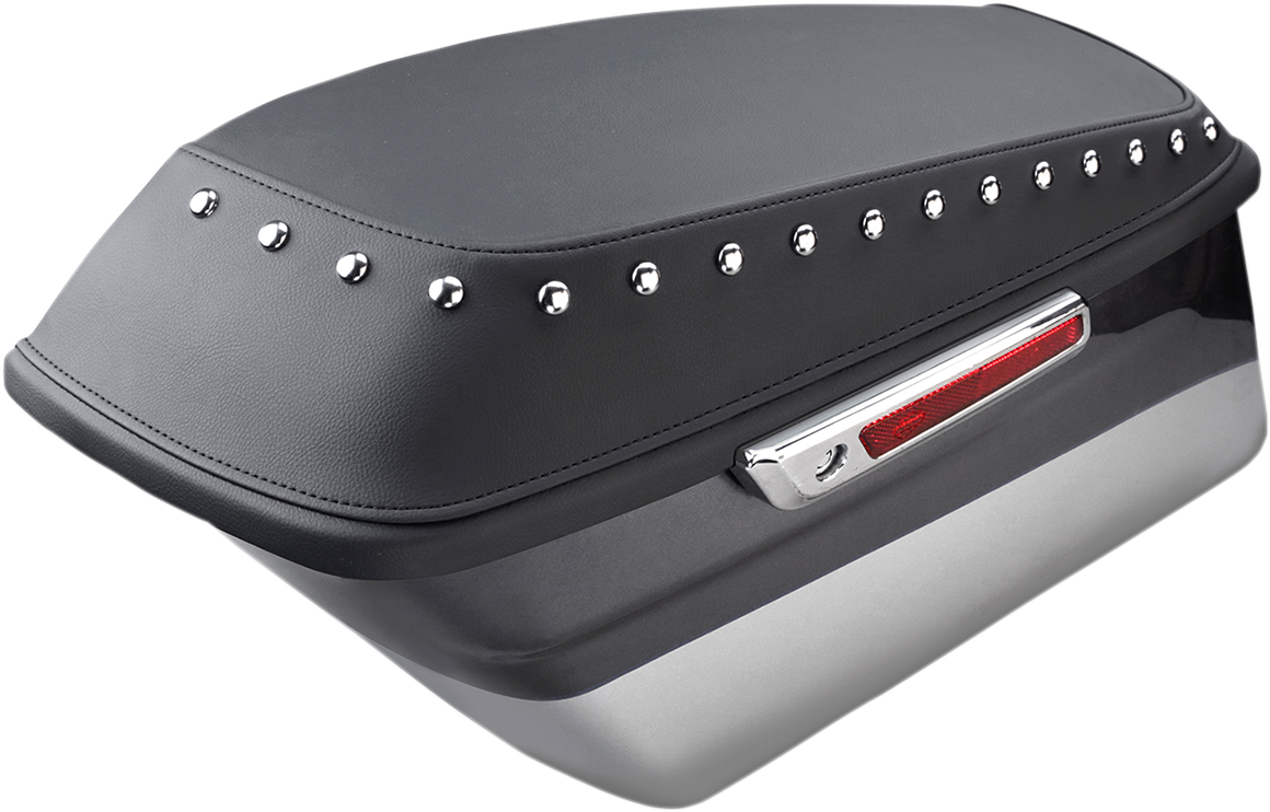 Bill's Exhausts Saddlemens saddlebag cover with studded design for bagger seats, model L870-14-S, on a motorcycle.