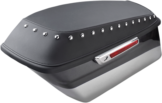 Bill's Exhausts Saddlemens saddlebag cover with studded design for bagger seats, model L870-14-S, on a motorcycle.