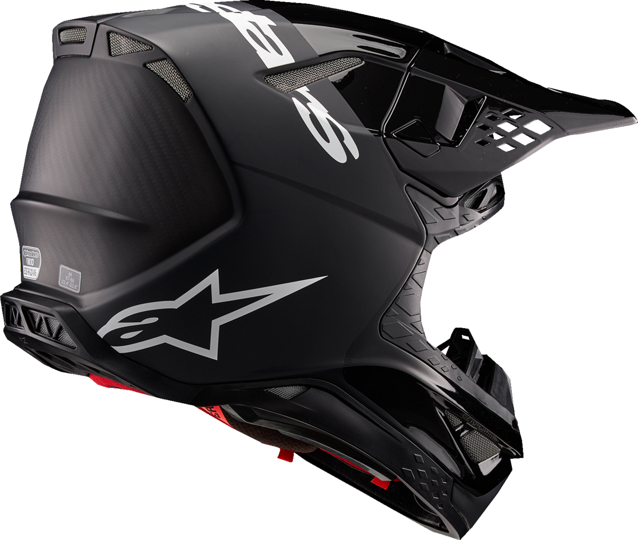 Alpinestars Supertech M10 motorcycle helmet in black and dark gray with MIPS® protection, medium size, shown from side angle.